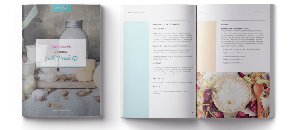 Natural bath products book open with recipes.