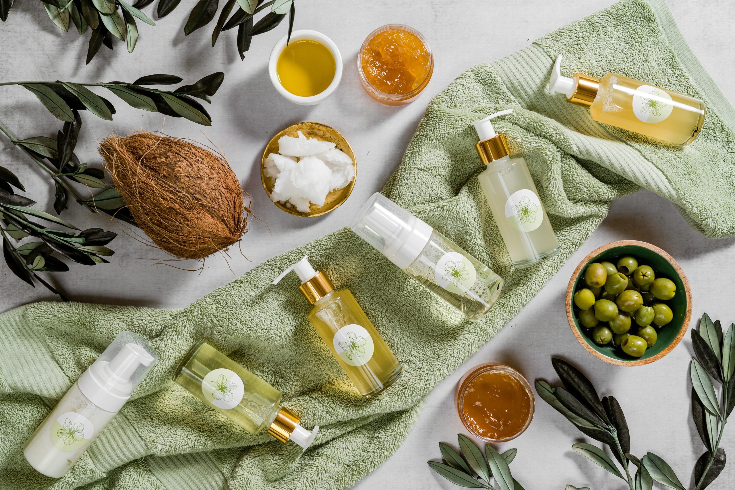 Natural skincare products with coconut and olives