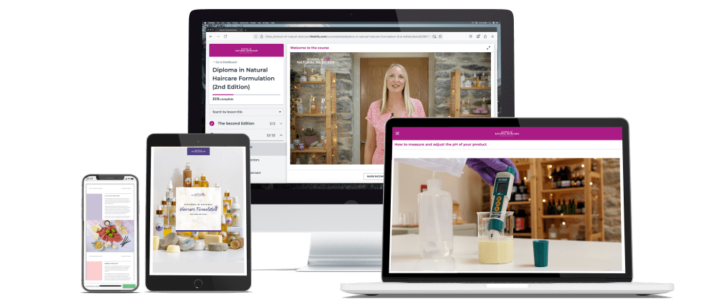 Online skincare course displayed on various devices.