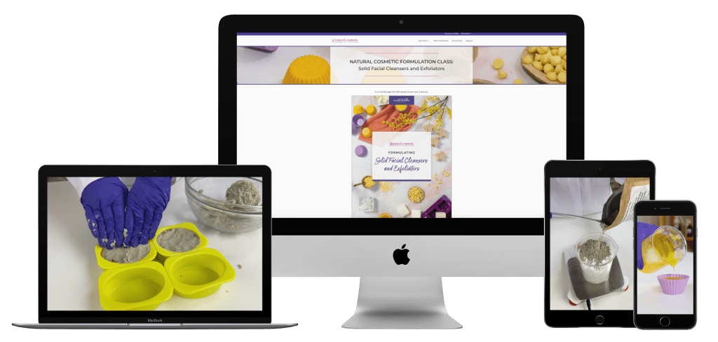 Digital devices showcasing cosmetic formulation process online course.