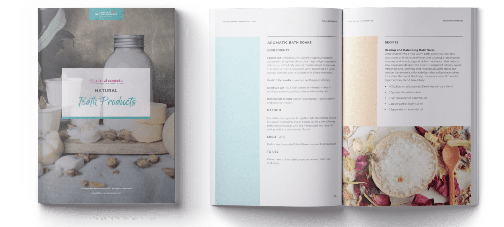 Natural bath products book open with recipes.