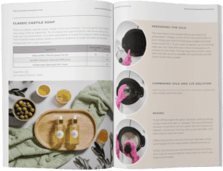 Open book with soap-making instructions and ingredients.